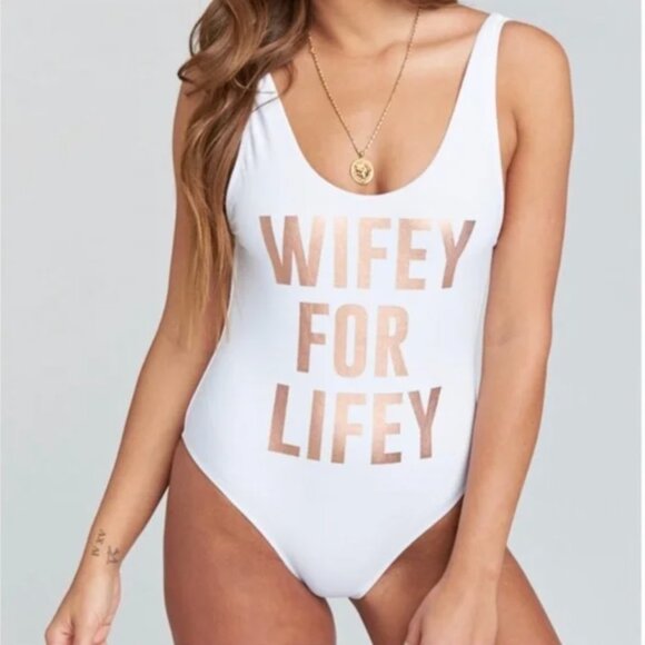 Show Me Your MuMu Other - Show Me Your Mumu Wifey For Lifey One Piece - White Swimsuit with Gold Lettering
